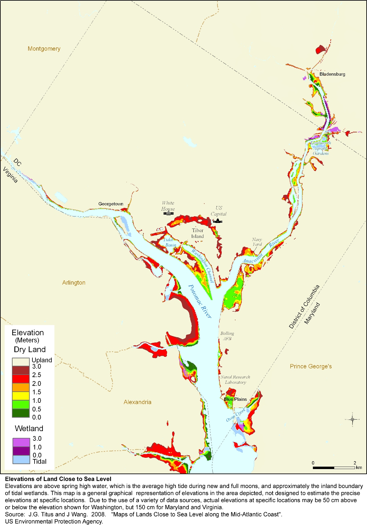 District of Columbia elevation map